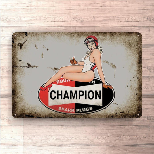 Champion Pin-Up Vintage Skilte, Musemåtte, Dørmåtte-Skilte-Motorolie-Garage Culture Shop- garage - man cave - merchandise
