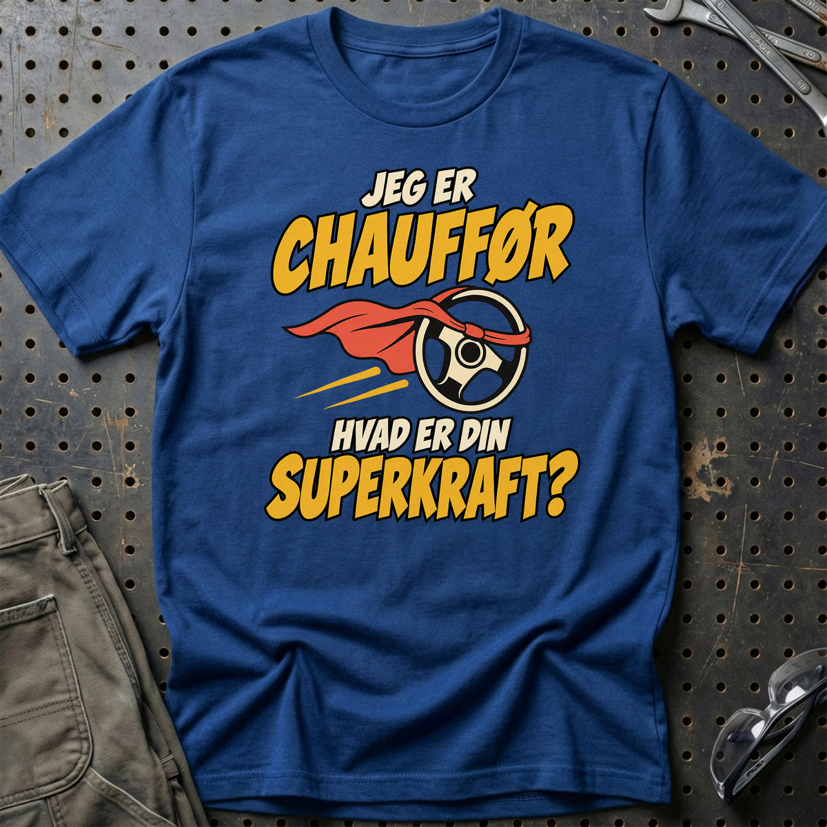 
Chauffør – Hvad er din superkraft? – Unisex T-Shirt – Blå Royal