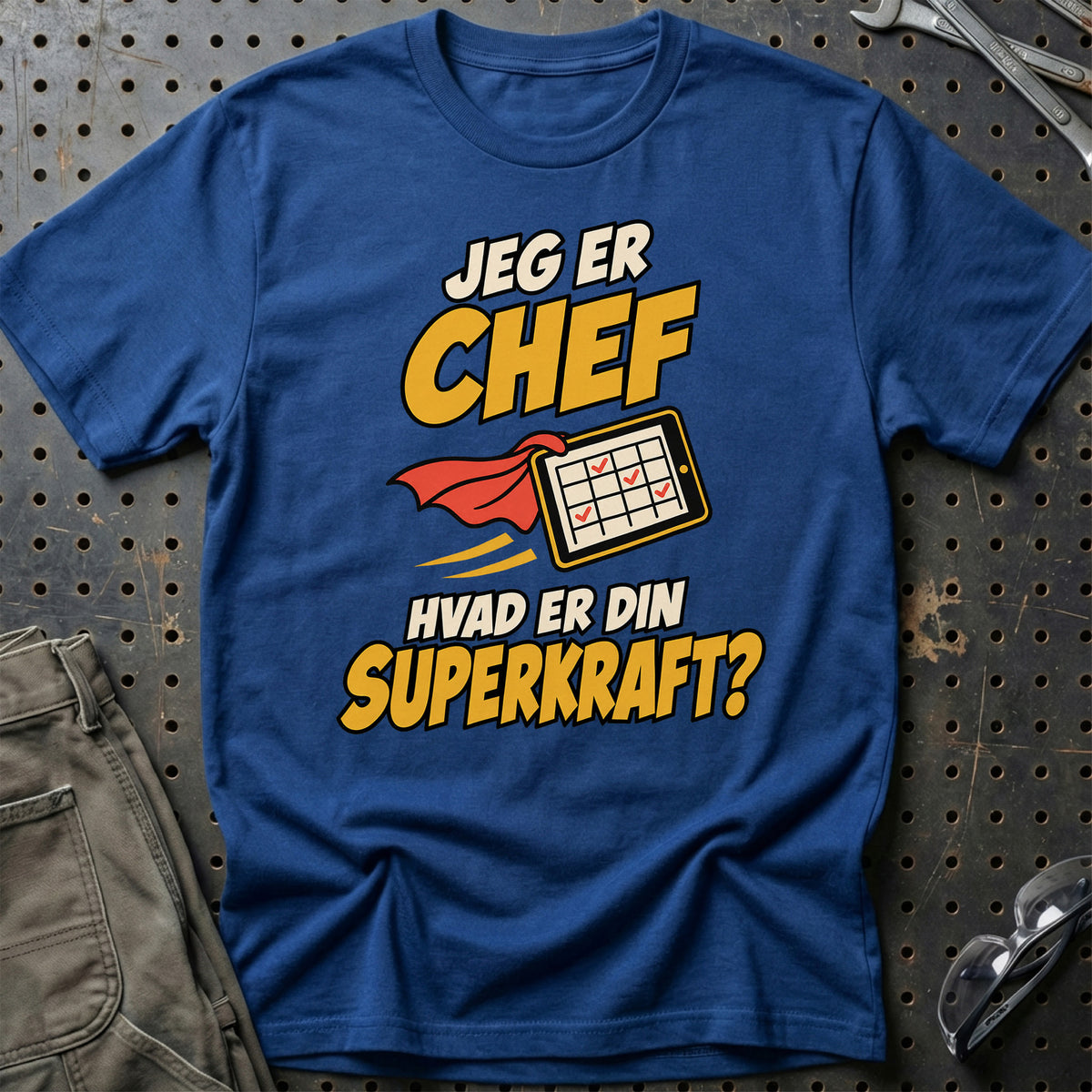 
Chef – Hvad er din superkraft? – Unisex T-Shirt – Blå Royal