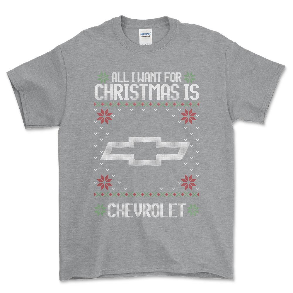 Chevrolet - All I Want For Christmas - Unisex T-Shirt , Bomuld-Beklædning-Chevrolet-Grå Sport-S-Forside-Garage Culture Shop- garage - man cave - merchandise