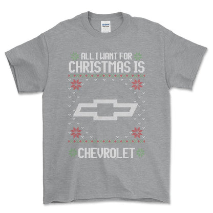 Chevrolet - All I Want For Christmas - Unisex T-Shirt , Bomuld-Beklædning-Chevrolet-Grå Sport-S-Forside-Garage Culture Shop- garage - man cave - merchandise
