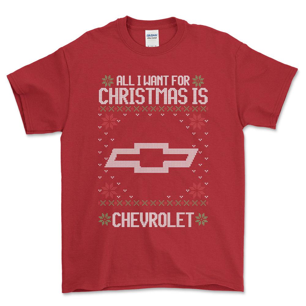 Chevrolet - All I Want For Christmas - Unisex T-Shirt , Bomuld-Beklædning-Chevrolet-Rød-S-Forside-Garage Culture Shop- garage - man cave - merchandise
