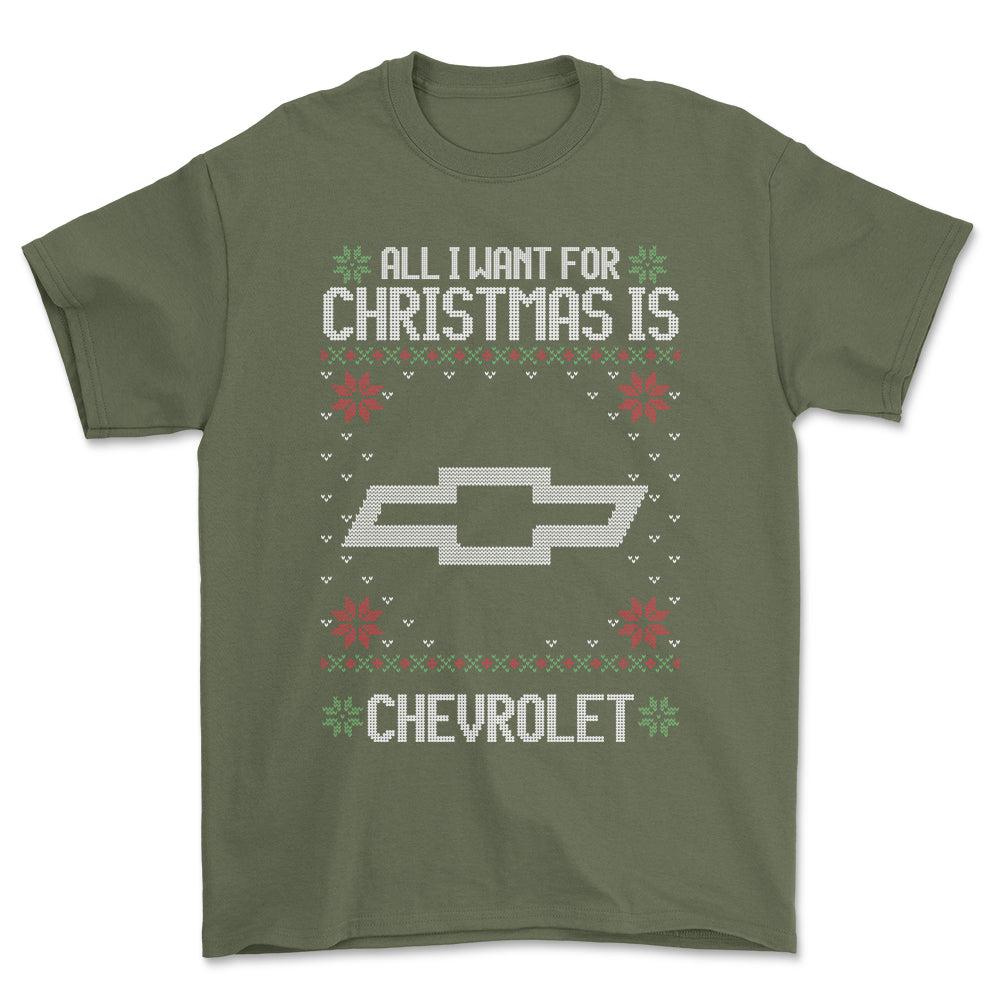 Chevrolet - All I Want For Christmas - Unisex T-Shirt , Bomuld-Beklædning-Chevrolet-Grøn Militær-S-Forside-Garage Culture Shop- garage - man cave - merchandise