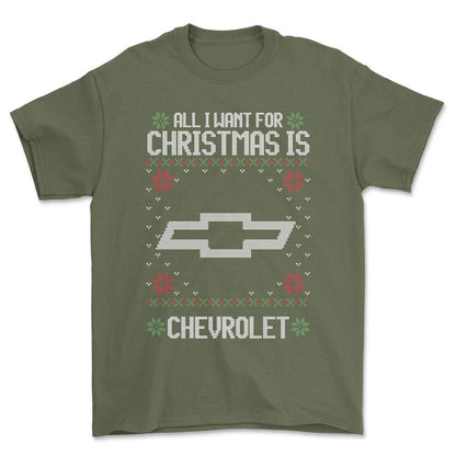 Chevrolet - All I Want For Christmas - Unisex T-Shirt , Bomuld-Beklædning-Chevrolet-Grøn Militær-S-Forside-Garage Culture Shop- garage - man cave - merchandise