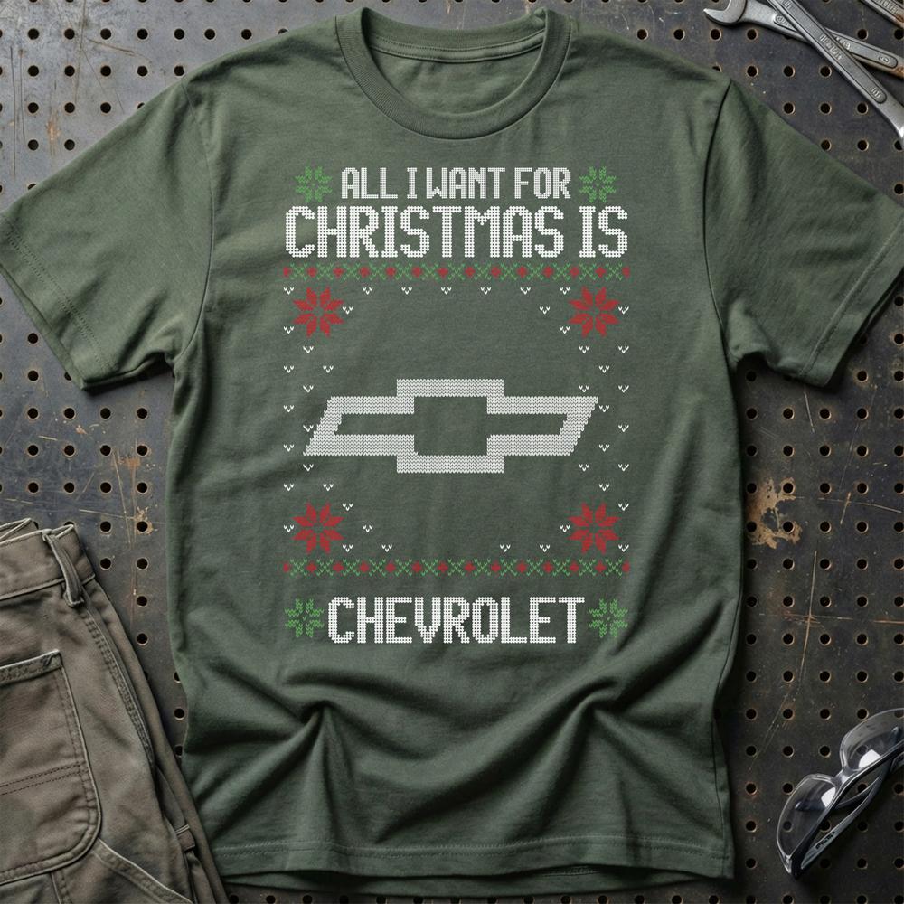 Chevrolet - All I Want For Christmas - Unisex T-Shirt , Bomuld-Beklædning-Chevrolet-Grøn Militær-S-Garage Culture Shop- garage - man cave - merchandise