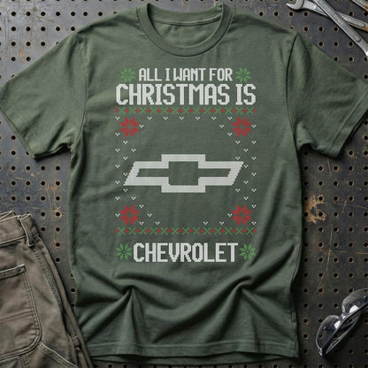 Chevrolet - All I Want For Christmas - Unisex T-Shirt , Bomuld-Beklædning-Chevrolet-Grøn Militær-S-Garage Culture Shop- garage - man cave - merchandise