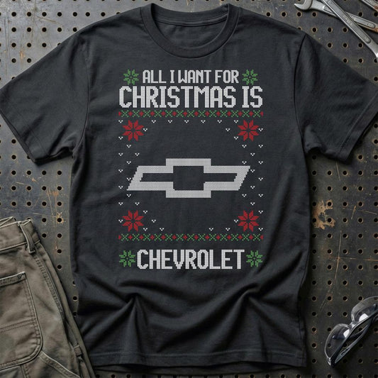 Chevrolet - All I Want For Christmas - Unisex T-Shirt , Bomuld-Beklædning-Chevrolet-Sort-S-Garage Culture Shop- garage - man cave - merchandise