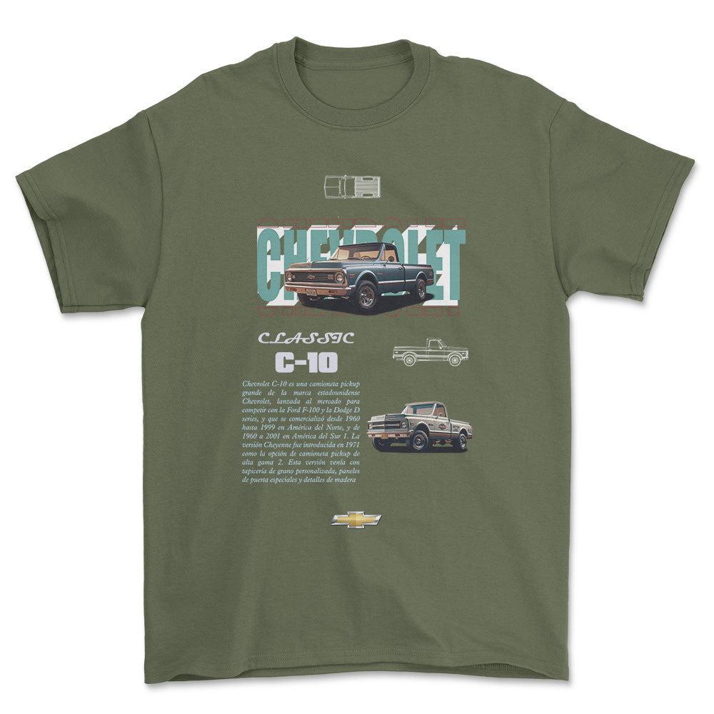 Chevrolet C10 - Unisex T-Shirt , Bomuld-Beklædning-Chevrolet-Grøn Militær-S-Forside-Garage Culture Shop- garage - man cave - merchandise