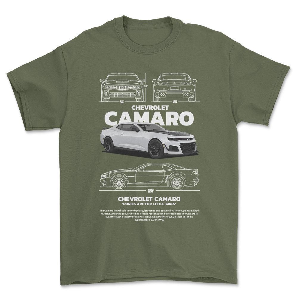 Chevrolet Camaro - Unisex T-Shirt , Bomuld-Beklædning-Chevrolet-Grøn Militær-S-Forside-Garage Culture Shop- garage - man cave - merchandise