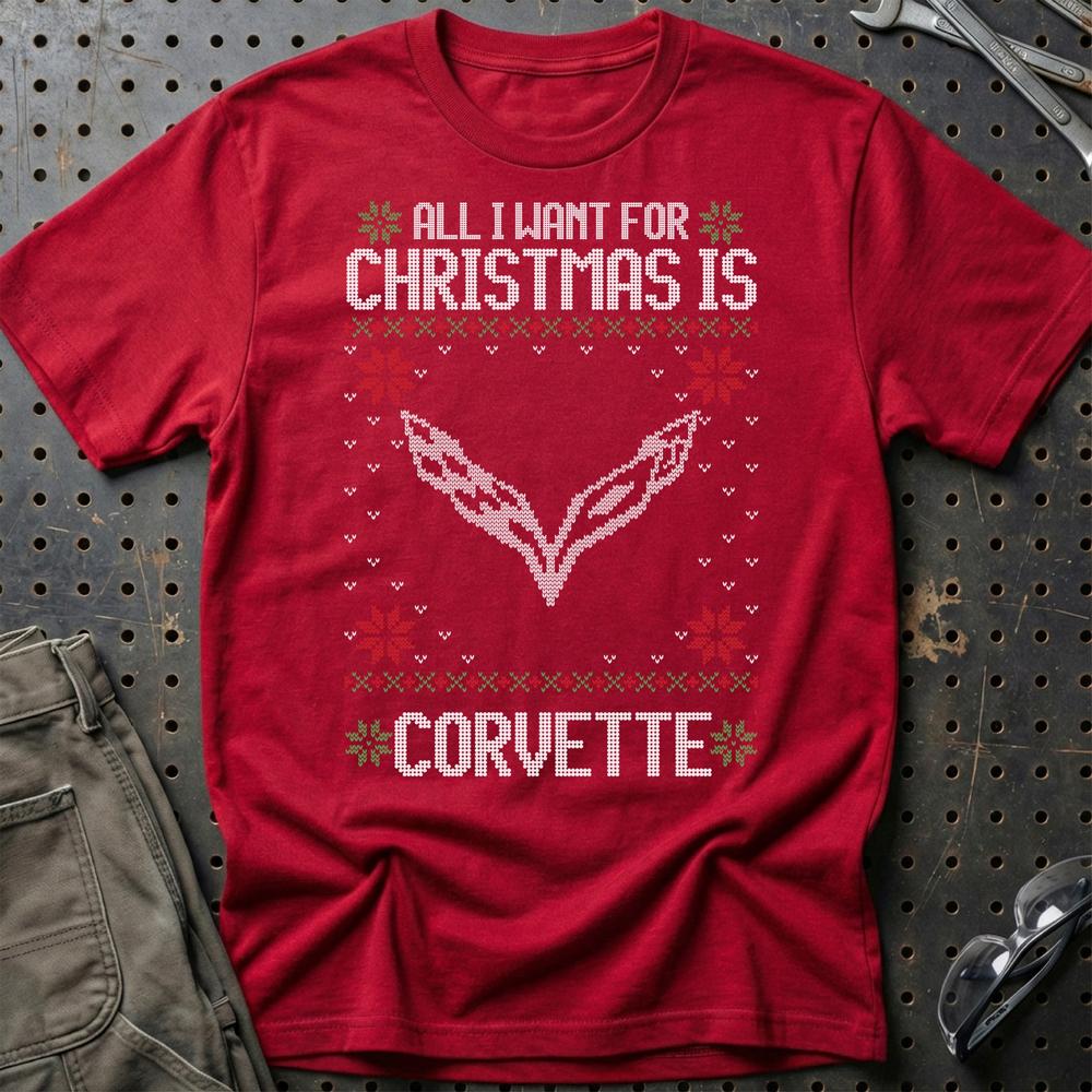 Chevrolet Corvette - All I Want For Christmas - Unisex T-Shirt , Bomuld-Beklædning-Chevrolet-Rød-S-Garage Culture Shop- garage - man cave - merchandise