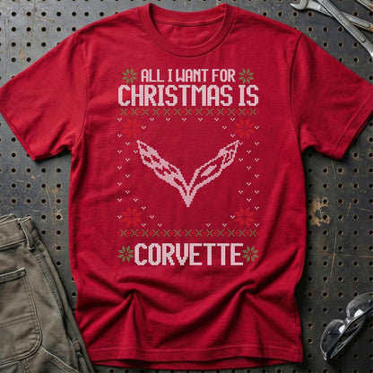 Chevrolet Corvette - All I Want For Christmas - Unisex T-Shirt , Bomuld-Beklædning-Chevrolet-Rød-S-Garage Culture Shop- garage - man cave - merchandise