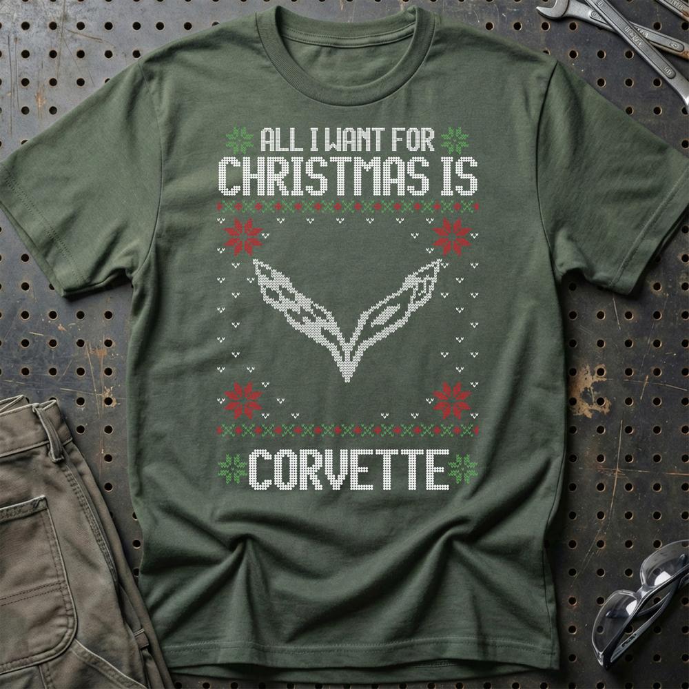 Chevrolet Corvette - All I Want For Christmas - Unisex T-Shirt , Bomuld-Beklædning-Chevrolet-Grøn Militær-S-Garage Culture Shop- garage - man cave - merchandise