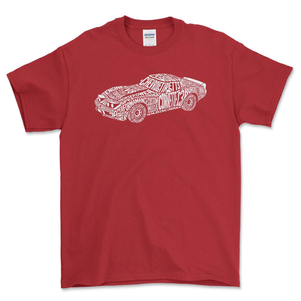Chevrolet Corvette C3 Old School Typography - Unisex T-Shirt-Beklædning-Chevrolet-Rød-S-Forside-Garage Culture Shop- garage - man cave - merchandise
