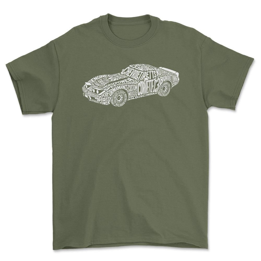 Chevrolet Corvette C3 Old School Typography - Unisex T-Shirt-Beklædning-Chevrolet-Grøn Militær-S-Forside-Garage Culture Shop- garage - man cave - merchandise