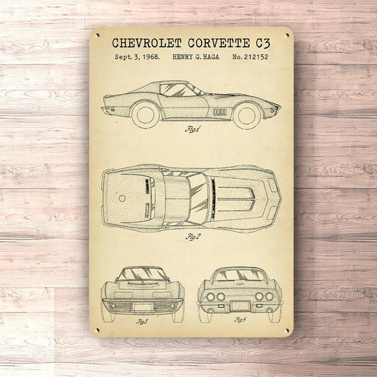 Chevrolet Corvette C3 Patent Blueprint Skilte, Musemåtte, Dørmåtte , Plakat-Blueprint-Chevrolet-Garage Culture Shop- garage - man cave - merchandise