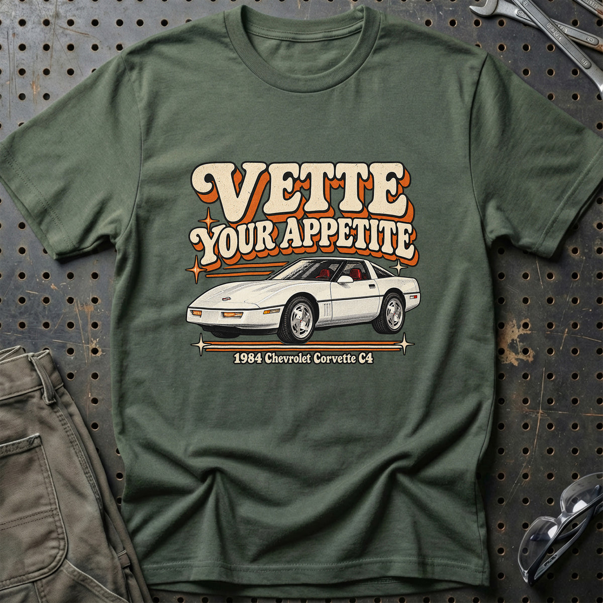 
Chevrolet Corvette C4 1984 – Vette Your Appetite T-Shirt – Grøn Militær