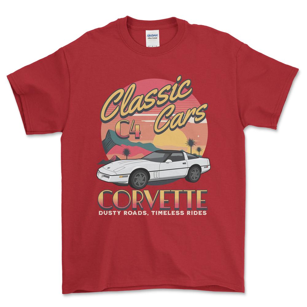 Chevrolet Corvette C4 Classic Cars - Unisex T-Shirt , Bomuld-Beklædning-Chevrolet-Rød-S-Forside-Garage Culture Shop- garage - man cave - merchandise