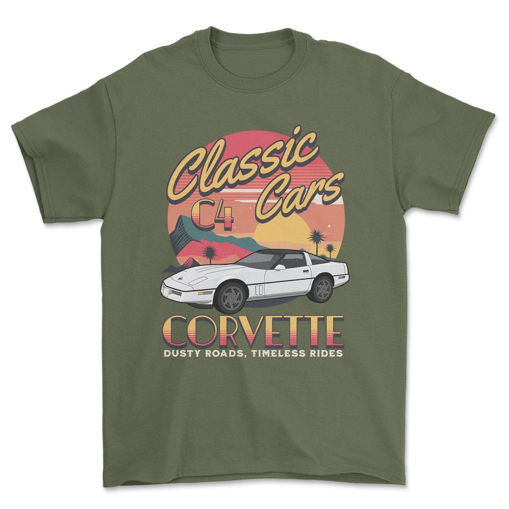 Chevrolet Corvette C4 Classic Cars - Unisex T-Shirt , Bomuld-Beklædning-Chevrolet-Grøn Militær-S-Forside-Garage Culture Shop- garage - man cave - merchandise