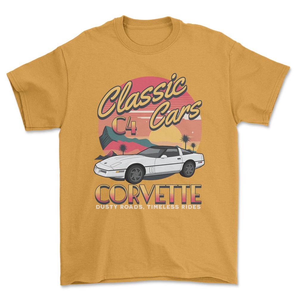 Chevrolet Corvette C4 Classic Cars - Unisex T-Shirt , Bomuld-Beklædning-Chevrolet-Guld-S-Forside-Garage Culture Shop- garage - man cave - merchandise