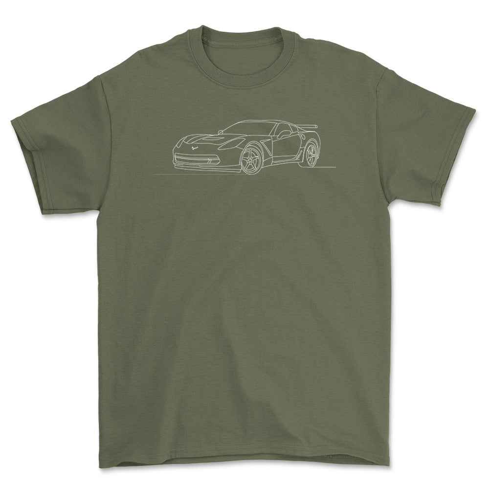 Chevrolet Corvette C7 - One Line Style T-Shirt-Beklædning-Chevrolet-Grøn Militær-S-Garage Culture Shop- garage - man cave - merchandise