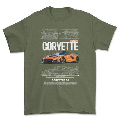 Chevrolet Corvette C8 - Unisex T-Shirt , Bomuld-Beklædning-Chevrolet-Grøn Militær-S-Forside-Garage Culture Shop- garage - man cave - merchandise