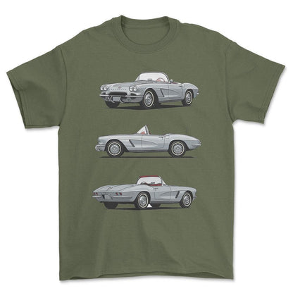 Chevrolet Corvette Convertible 1962 - Unisex T-Shirt-Beklædning-Chevrolet-Grøn Militær-S-Forside-Garage Culture Shop- garage - man cave - merchandise