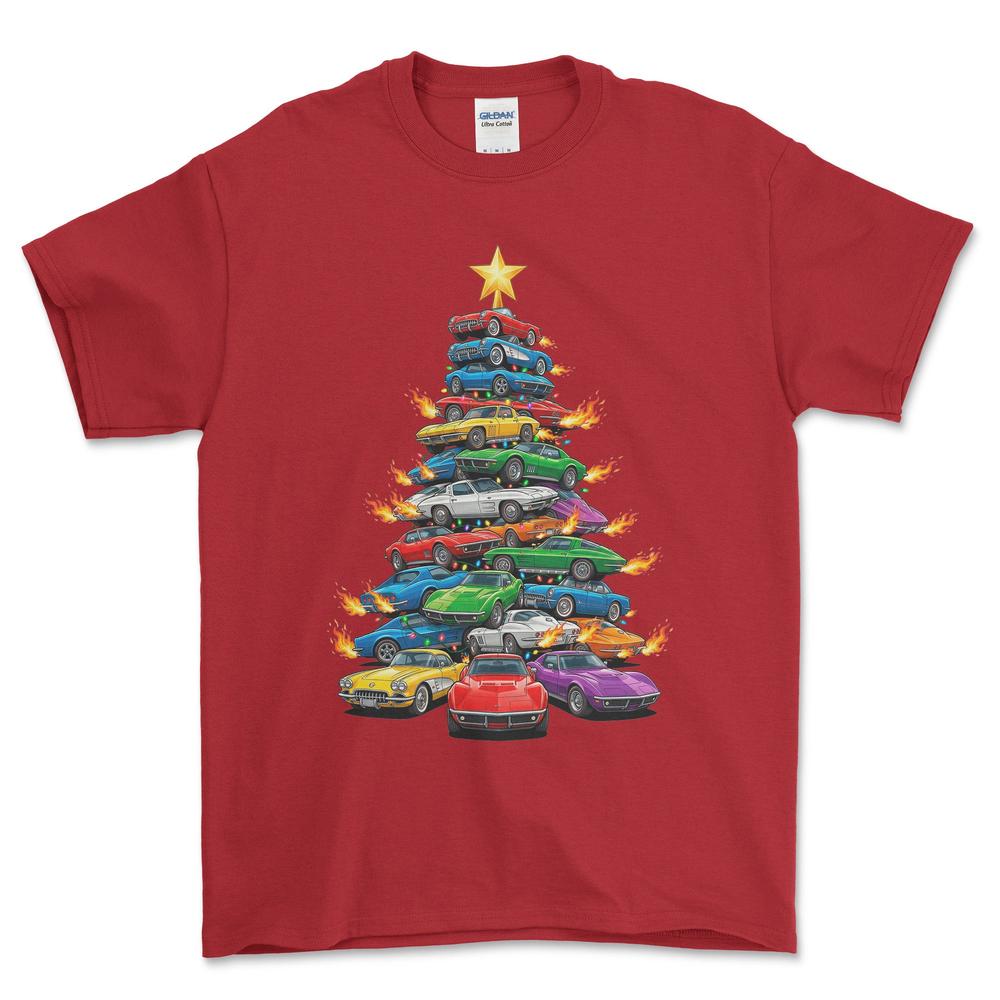 Chevrolet Corvette Juletræ Christmas Tree - Unisex T-Shirt-Beklædning-Chevrolet-Rød-S-Forside-Garage Culture Shop- garage - man cave - merchandise