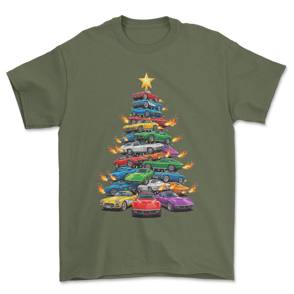 Chevrolet Corvette Juletræ Christmas Tree - Unisex T-Shirt-Beklædning-Chevrolet-Grøn Militær-S-Forside-Garage Culture Shop- garage - man cave - merchandise