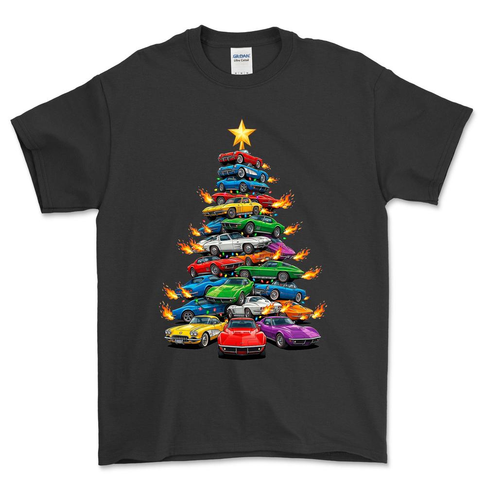 Chevrolet Corvette Juletræ Christmas Tree - Unisex T-Shirt-Beklædning-Chevrolet-Sort-S-Forside-Garage Culture Shop- garage - man cave - merchandise