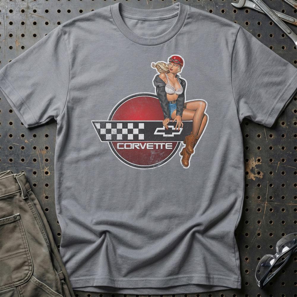 Chevrolet Corvette Pinup T-Shirt-Beklædning-Chevrolet-Grå Sport-S-Garage Culture Shop- garage - man cave - merchandise