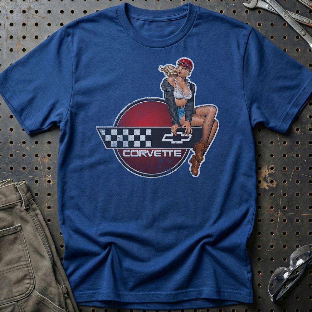 Chevrolet Corvette Pinup T-Shirt-Beklædning-Chevrolet-Blå Royal-S-Garage Culture Shop- garage - man cave - merchandise