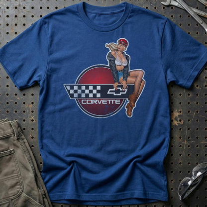 Chevrolet Corvette Pinup - Unisex T-Shirt , Bomuld-Beklædning-Chevrolet-Blå Royal-S-Garage Culture Shop- garage - man cave - merchandise