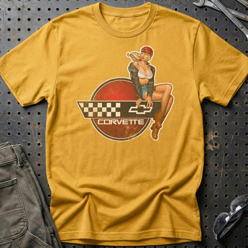 Chevrolet Corvette Pinup - Unisex T-Shirt , Bomuld-Beklædning-Chevrolet-Guld-S-Garage Culture Shop- garage - man cave - merchandise