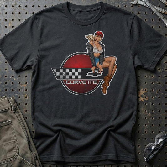 Chevrolet Corvette Pinup - Unisex T-Shirt , Bomuld-Beklædning-Chevrolet-Sort-S-Garage Culture Shop- garage - man cave - merchandise