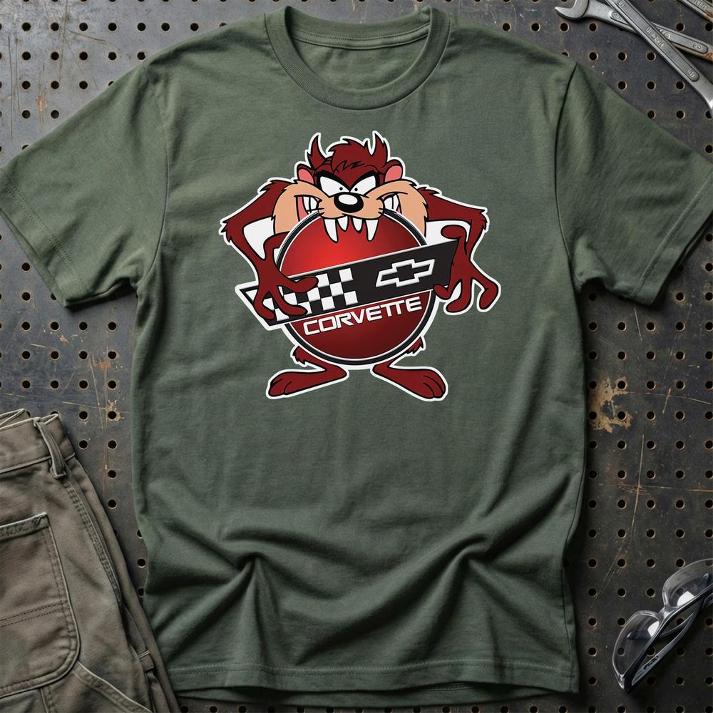 Chevrolet Corvette TAZ Unisex T-Shirt , Bomuld-Beklædning-Chevrolet-Grøn Militær-S-Garage Culture Shop- garage - man cave - merchandise