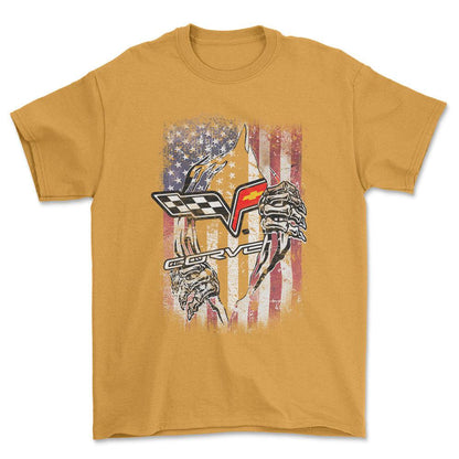 Chevrolet Corvette US Flag Unisex T-Shirt , Bomuld-Beklædning-Chevrolet-Guld-S-Forside-Garage Culture Shop- garage - man cave - merchandise
