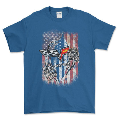 Chevrolet Corvette US Flag Unisex T-Shirt , Bomuld-Beklædning-Chevrolet-Blå Royal-S-Forside-Garage Culture Shop- garage - man cave - merchandise
