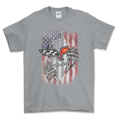 Chevrolet Corvette US Flag Unisex T-Shirt , Bomuld-Beklædning-Chevrolet-Grå Sport-S-Forside-Garage Culture Shop- garage - man cave - merchandise