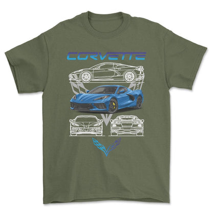 Chevrolet Corvette - Unisex T-Shirt , Bomuld-Beklædning-Chevrolet-Grøn Militær-S-Forside-Garage Culture Shop- garage - man cave - merchandise