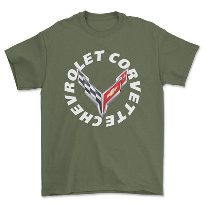 Chevrolet Corvette - Unisex T-Shirt , Bomuld-Beklædning-Chevrolet-Grøn Militær-S-Forside-Garage Culture Shop- garage - man cave - merchandise