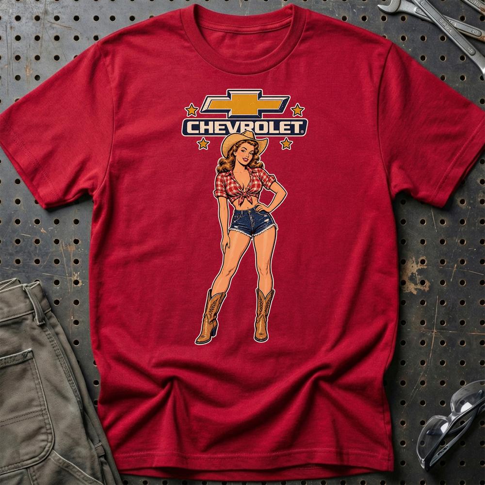 Chevrolet Cowboy Pinup T-Shirt-Beklædning-Chevrolet-Rød-S-Garage Culture Shop- garage - man cave - merchandise