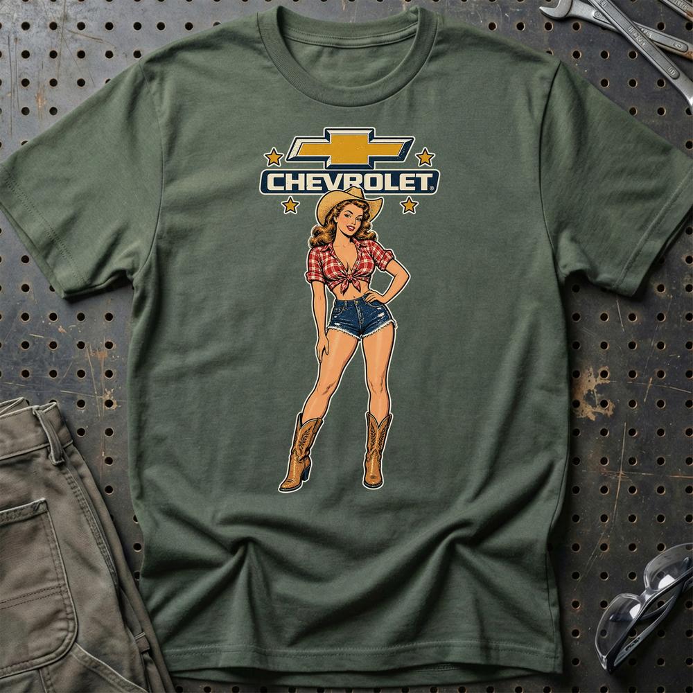 Chevrolet Cowboy Pinup T-Shirt-Beklædning-Chevrolet-Grøn Militær-S-Garage Culture Shop- garage - man cave - merchandise