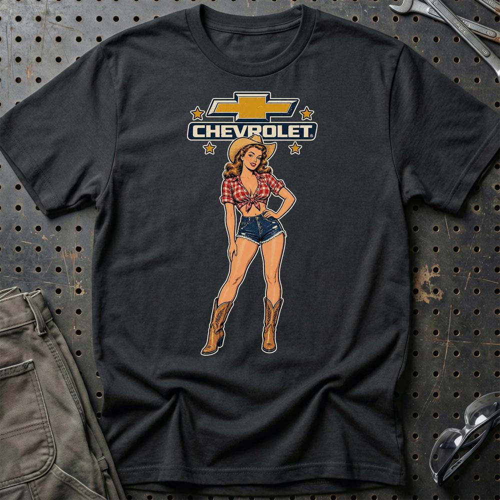 Chevrolet Cowboy Pinup T-Shirt-Beklædning-Chevrolet-Sort-S-Garage Culture Shop- garage - man cave - merchandise