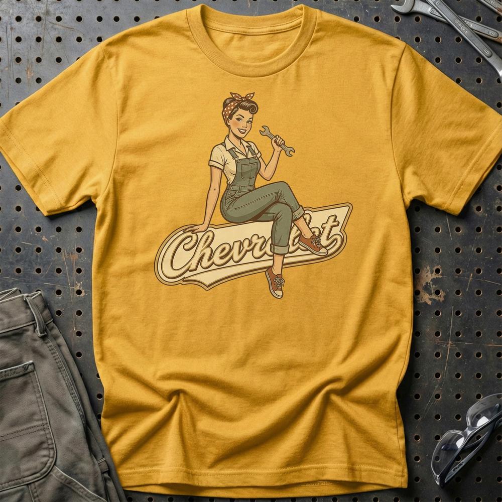 Chevrolet Pinup T-Shirt-Beklædning-Chevrolet-Guld-S-Garage Culture Shop- garage - man cave - merchandise