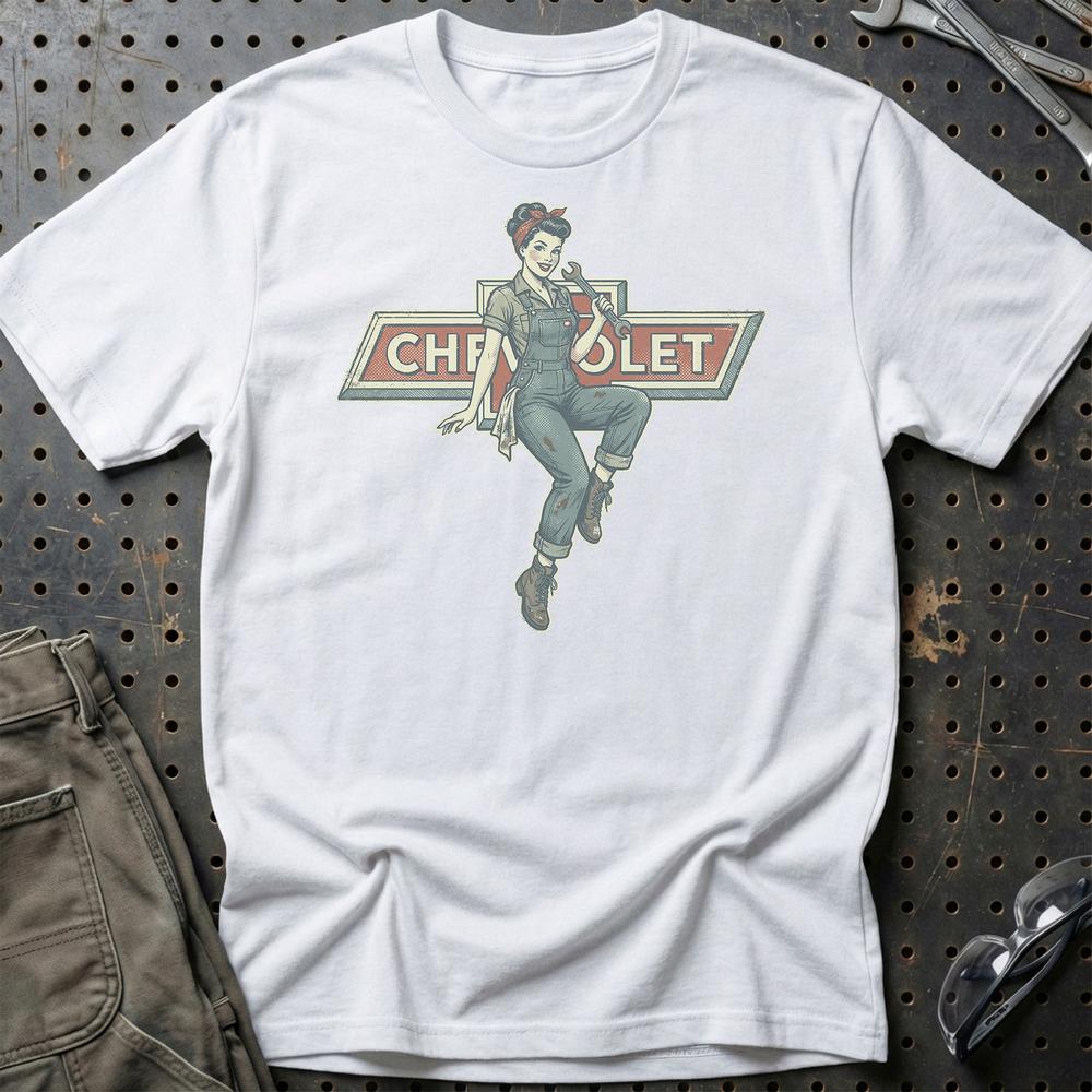 Chevrolet Pinup - Unisex T-Shirt , Bomuld-Beklædning-Chevrolet-Hvid-S-Garage Culture Shop- garage - man cave - merchandise