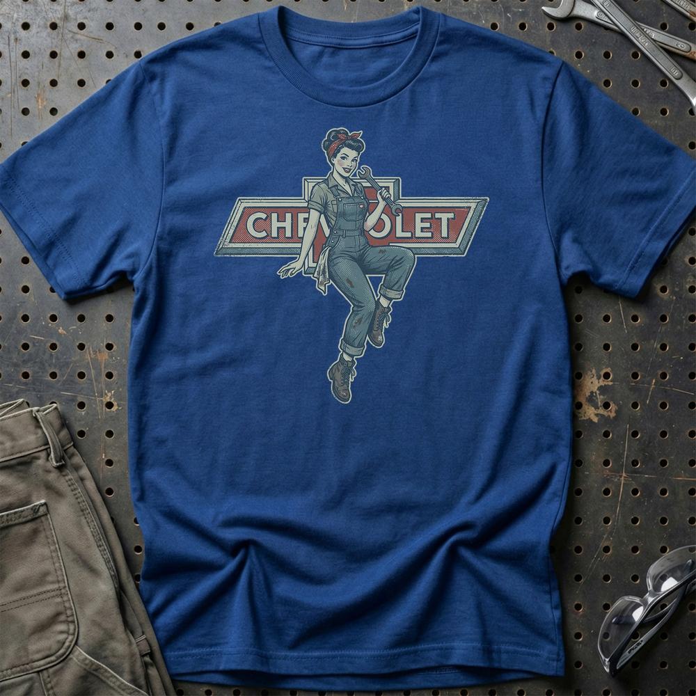 Chevrolet Pinup - Unisex T-Shirt , Bomuld-Beklædning-Chevrolet-Blå Royal-S-Garage Culture Shop- garage - man cave - merchandise