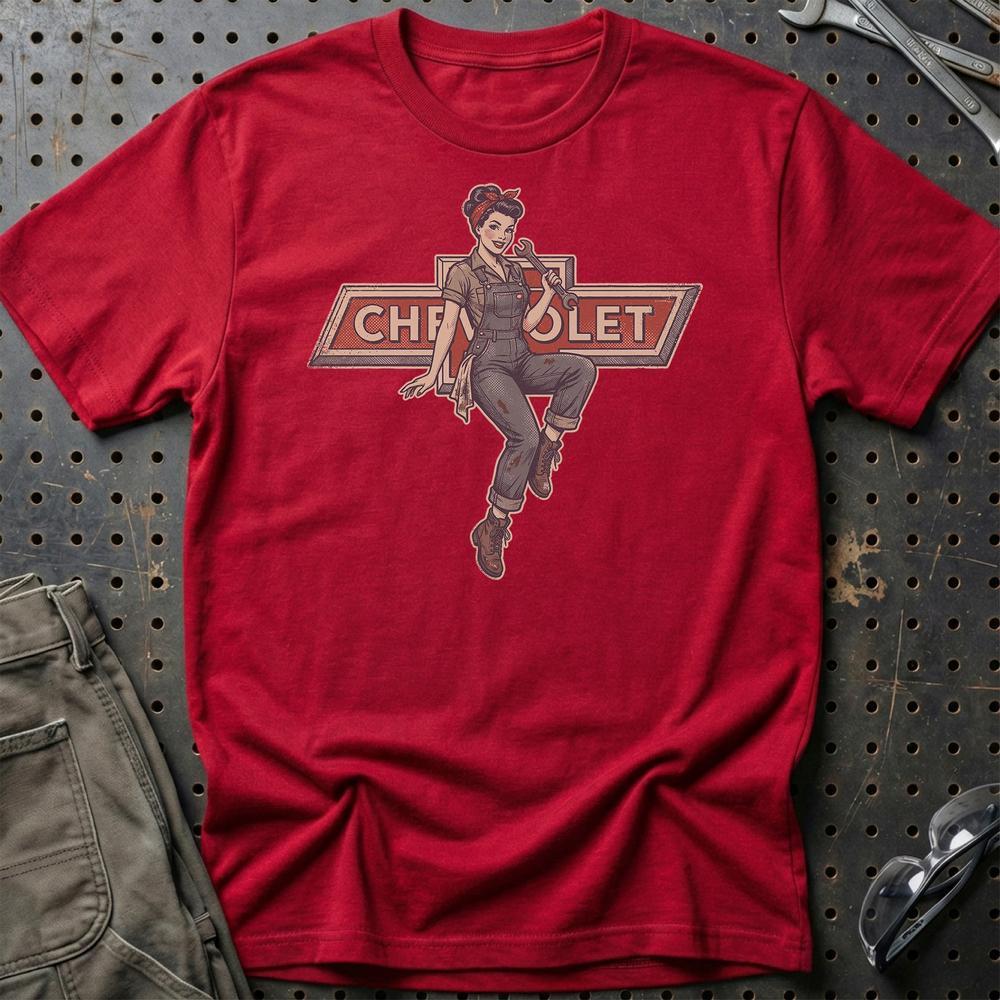 Chevrolet Pinup - Unisex T-Shirt , Bomuld-Beklædning-Chevrolet-Rød-S-Garage Culture Shop- garage - man cave - merchandise