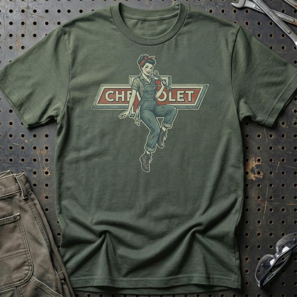 Chevrolet Pinup - Unisex T-Shirt , Bomuld-Beklædning-Chevrolet-Grøn Militær-S-Garage Culture Shop- garage - man cave - merchandise