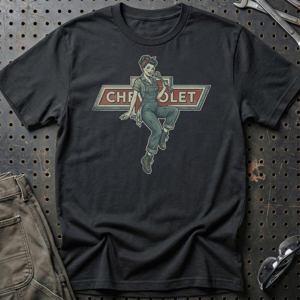 Chevrolet Pinup - Unisex T-Shirt , Bomuld-Beklædning-Chevrolet-Sort-S-Garage Culture Shop- garage - man cave - merchandise