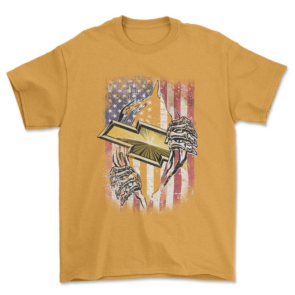 Chevrolet US Flag Unisex T-Shirt , Bomuld-Beklædning-Chevrolet-Guld-S-Garage Culture Shop- garage - man cave - merchandise